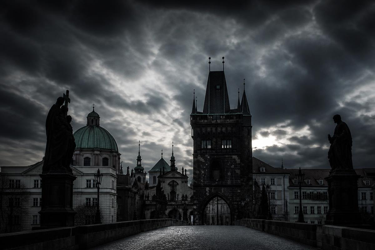 Charles Bridge in Prague under a dramatic dark sky
