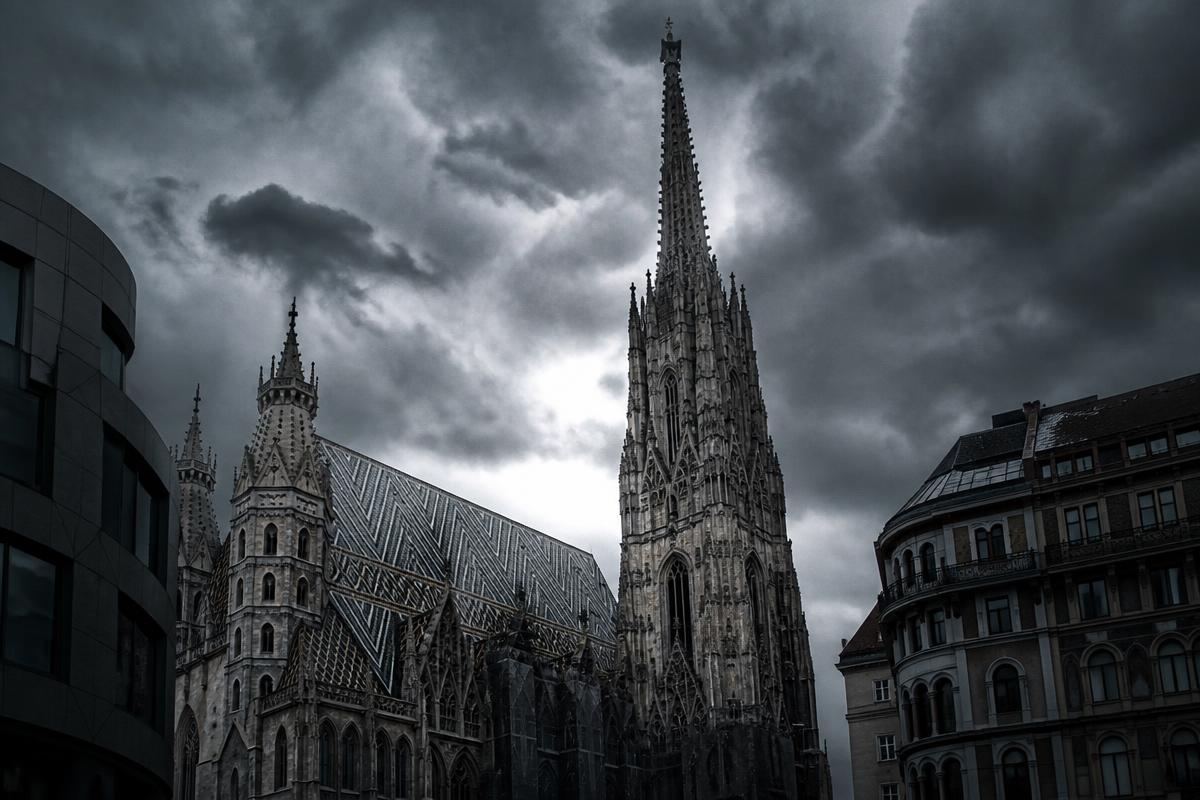 St. Stephen's Cathedral in Vienna under a dramatic dark sky